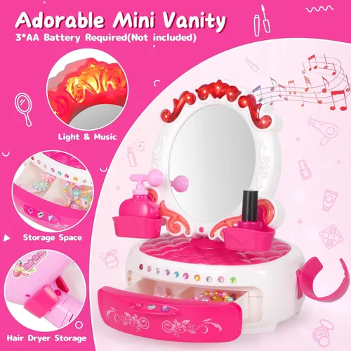Vista 2 de VGOFUN Juguetes de peluquería para niñas, 27 piezas, juego de salón de belleza para niños, mini tocador con espejo y luz, secador de pelo
