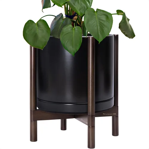 Vista 68 de D'vine Dev Maceta de cerámica con soporte de ébano – Maceta redonda moderna de 8 pulgadas con soporte para maceta de madera, color negro, 55-B-M-2