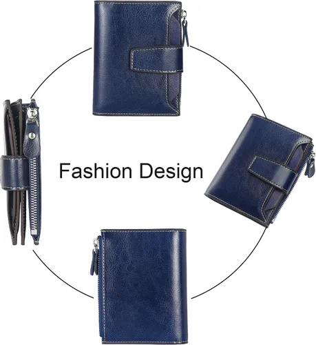 Vista 3 de Lavemi Pequeña cartera compacta para mujer, con bloqueo RFID, de piel auténtica, plegable, con ventanas de identificación