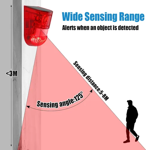 Vista 4 de Qualirey Alarma solar de sonido y luz, sensor de movimiento, sirena de seguridad para exteriores, 129 db, detector activado impermeable, alarma