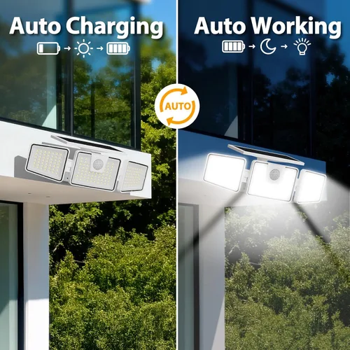 Vista 6 de INCX 156 luces LED solares de movimiento para exteriores, paquete de 2, 3 cabezales de luces solares de seguridad con sensor de movimiento IP65