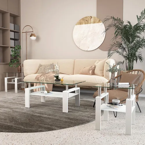 Vista 4 de Mesa auxiliar de cristal de 2 niveles, moderna mesa esquinera de cristal, mesa auxiliar para sala de estar con patas de metal para sala de estar