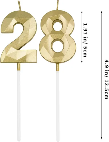 Vista 2 de Velas de cumpleaños número 28 y 82 para pastel, velas doradas con forma de diamante 3D con forma de diamante, decoraciones de cumpleaños