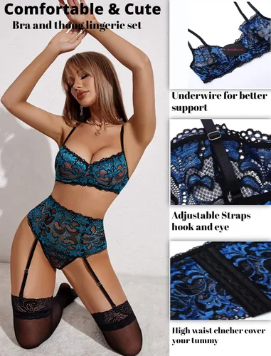 Vista 43 de Avidlove - Conjunto de lencería para mujer de cintura alta, lencería con cinturón, lencería