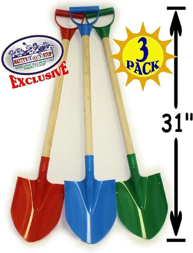 Vista 8 de Matty's Toy Stop Palas de arena de madera resistente de 31 pulgadas con pala y mango de plástico (rojo, azul y verde) paquete completo de regalo