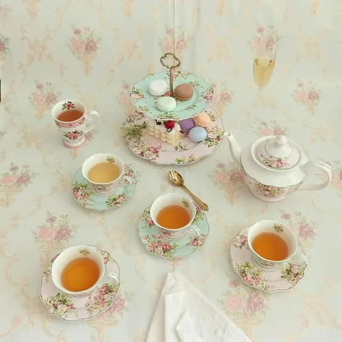 Vista 7 de Juego de taza de té y platillo de porcelana fina, azalea rosa, borde dorado, juego de cuatro