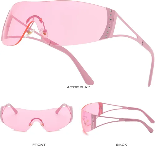 Vista 3 de Gafas de sol Y2K para mujeres y hombres, lentes de sol degradados sin montura con pierna de metal a la moda, escudo envolvente