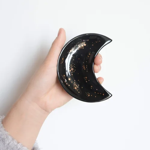 Vista 5 de Ardax Organizador de platos de joyería en forma de luna, pequeño plato decorativo, bandeja decorativa para tocador, plato de postre (negro, 1 unidad)