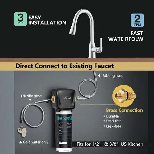 Vista 3 de Frizzlife Sistema de filtro de agua para debajo del fregadero, certificado NSF/ANSI 53 y 42, elimina el 99.99% de cloro, plomo, mal sabor y olor