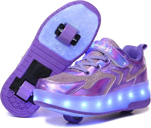 Vista 9 de Wooowyet - Tenis con ruedas y luces LED para niños y niñas, con ruedas, USB recargable, cierre de gancho y bucle
