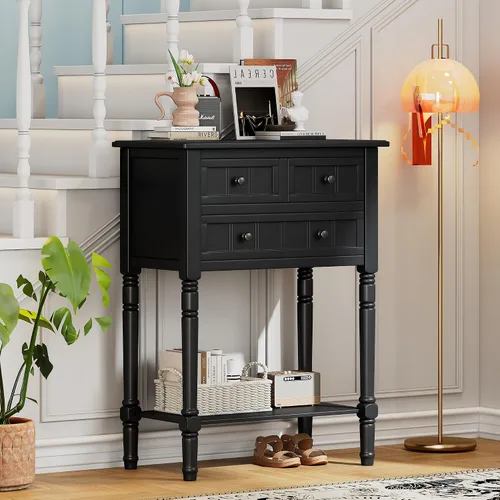 Vista 13 de P PURLOVE Mesa consola estrecha antigua, mesa de entrada delgada para sofá con 3 cajones de almacenamiento para sala de estar, entrada Beige