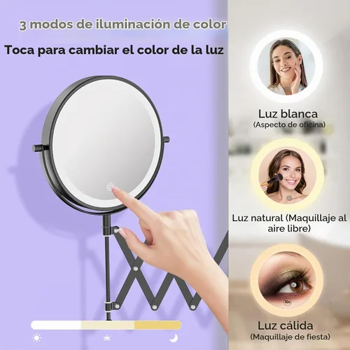 Vista 6 de 8" recargable montado en la pared espejo de maquillaje aumento echado a un Negro