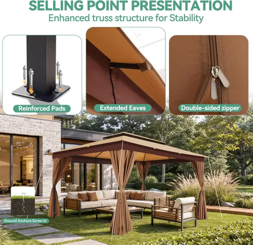 Vista 5 de COBIZI 10x15 Outdoor Patio Gazebo with Privacy Curtains, Khaki Caqui