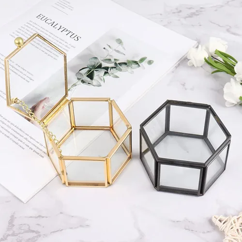 Vista 4 de Joyero de cristal vintage, caja de cristal hexagonal negra, caja de recuerdo para almacenamiento de anillos, aretes, baratijas, organizador de joyas