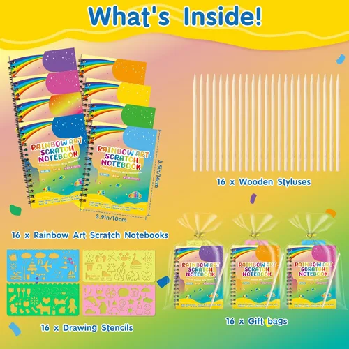 Vista 3 de YSCare Artículos de Fiesta de Arte de Rascar para Niños: 16 Pack Cuaderno de Arte de Rascar Arcoíris, Kit de Manualidades y Artesanías, Bolsas