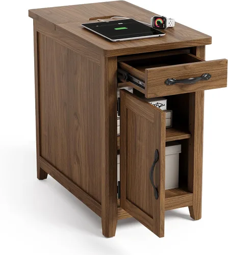 Vista 15 de LINSY HOME - Mesa auxiliar con estación de carga, mesa lateral para dormitorio con cajón y soporte desmontable, estante de almacenamiento con puerta