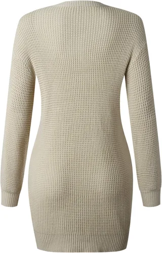 Vista 3 de Olinase Vestido tipo suéter con cuello en V para mujer, manga larga, acanalado, vestido ajustado