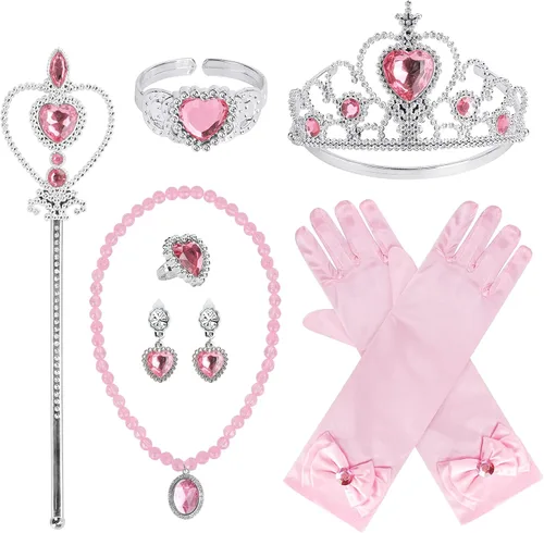 Vista 11 de Cocojeci Accesorios de fiesta de disfraces de princesa para disfraz de princesa, guantes de disfraz de tiara, collar, aretes, pulsera y anillo Azul