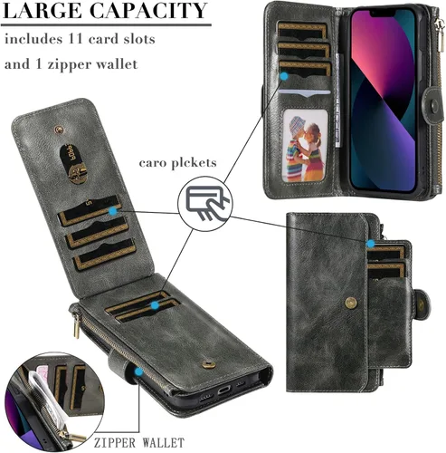 Vista 4 de Asuwish Funda de teléfono para iPhone 13 Mini de 5.4 pulgadas con cremallera, protector de pantalla de vidrio templado y tarjetero para celular