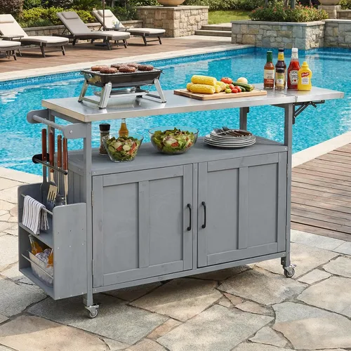 Vista 22 de JIVOIT Isla de cocina al aire libre de 78.3 pulgadas con mesa plegable, carrito de madera para exteriores con almacenamiento de basura y parte