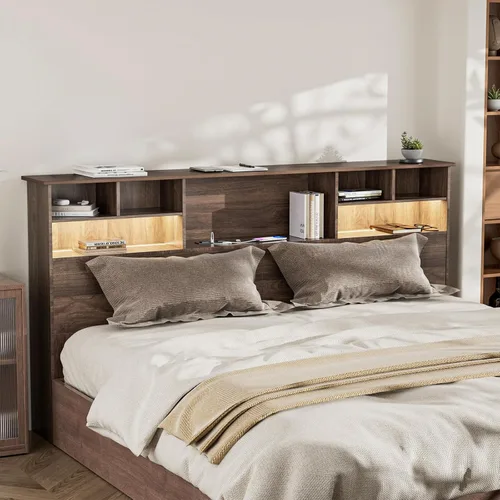 Vista 10 de Cabecero tamaño King solo con almacenamiento, estantería con 2 luces