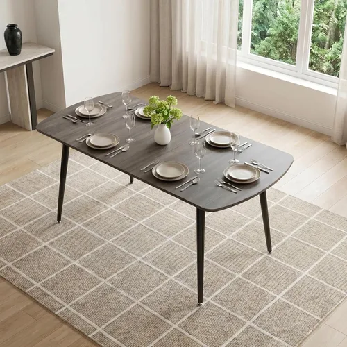Vista 15 de ZckyCine Juego de mesa de comedor extensible de 6 piezas, moderna mesa de madera gris de 63 a 79 pulgadas con 6 sillas de tela gris, mesa de comedor