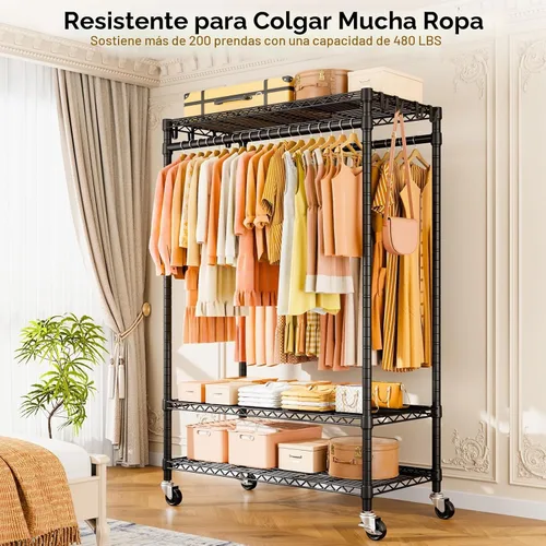 Vista 2 de ULIFHOME P7 - Perchero enrollable para ropa, estantes para colgar ropa, estante resistente para prendas con ruedas, estante de clóset portátil de 3