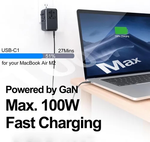 Vista 3 de JMFONE Adaptador de viaje universal con GaN 100W, adaptador de enchufe de corriente internacional de 5 puertos [4*USB C+1*USB A] y múltiples tomas