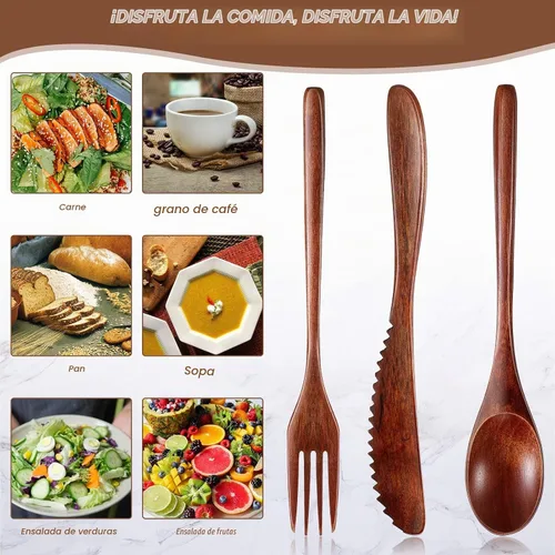 Vista 5 de Geiserailie Juego de 12 utensilios de madera para comer cuchara de madera y tenedor