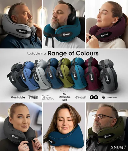 Vista 9 de SNUGL Almohada de viaje – Almohadas de espuma viscoelástica – Almohada para el cuello para avión con bolsa de transporte y clip – Almohadas de apoyo