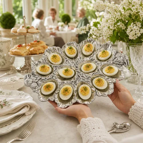 Vista 5 de Arthur Court Bunny Deviled Egg Holder - Recipiente de metal de aluminio para reuniones de Pascua, 12 x 8.5 pulgadas