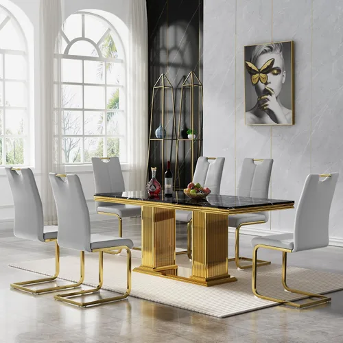Vista 66 de 5 Piece Black Marble Dining Table Set for 4, Modern Faux Marble Kitchen Dining Room Tables with 4 Leather Chairs Set, 68.11" Luxury Rectangular