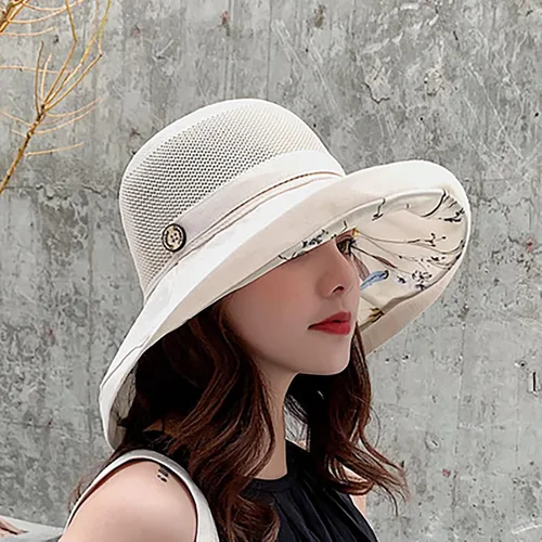 Vista 6 de Sombreros de malla de verano para mujeres con protección UV de ala ancha plegables para playa tipo bucket Beige