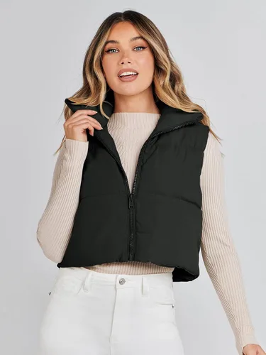 Vista 2 de MEROKEETY Chaleco acolchado para mujer, ligero, cuello alto, sin mangas, con cremallera, acolchado