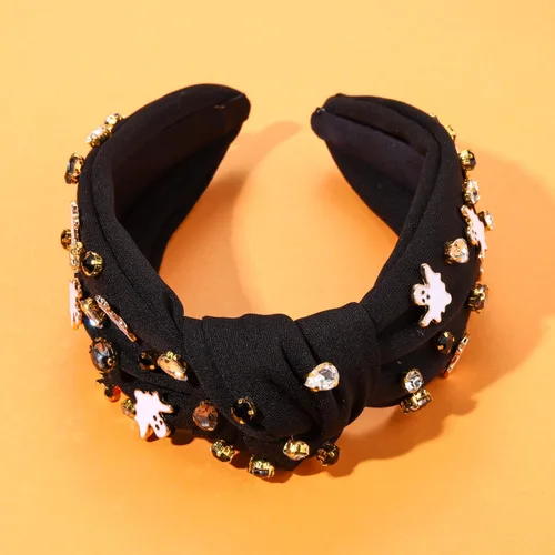 Vista 4 de Diadema de Halloween para mujer, diadema espeluznante de calabaza, araña, fantasma, diadema con diamantes de imitación, diadema anudada de cristal