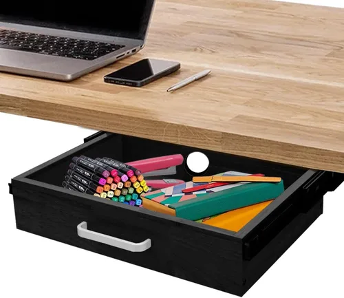 Vista 8 de Cajón extraíble deslizante montado debajo del escritorio de madera mejorado, con rodamientos de bolas, organizador de almacenamiento para cajones