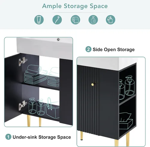 Vista 4 de LUMISOL Mueble de baño pequeño de 21.6 pulgadas con fregadero, tocador de baño estrecho con una puerta y almacenamiento lateral derecho, armario