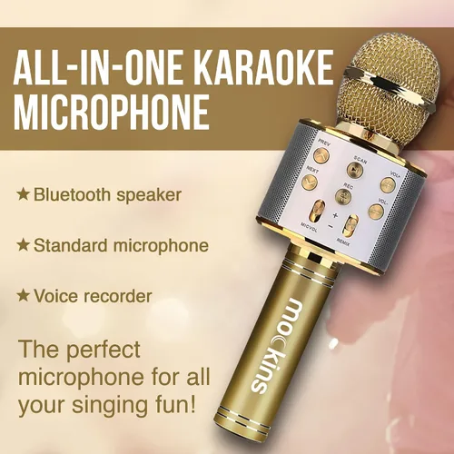 Vista 9 de Mockins Micrófono de karaoke Bluetooth dorado para niños con micrófono Bluetooth integrado, altavoz inalámbrico para karaoke compatible con iPhone