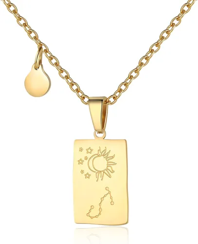 Vista 2 de Collar con signo del zodiaco para mujer, colgante de tarjeta de tarot de constelación, doble cara, oro, acero inoxidable, resistente al agua, no se