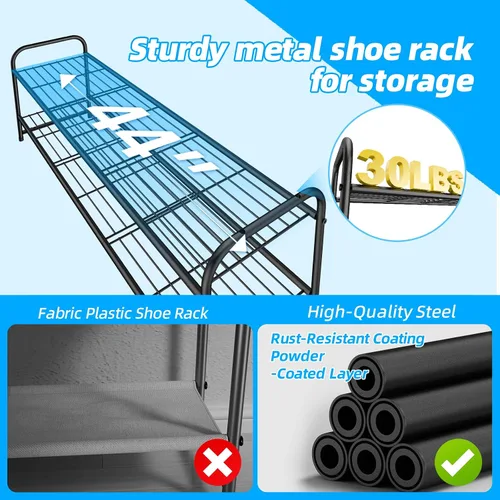 Vista 4 de Zapatero de 2 niveles para armario, organizador de almacenamiento de zapatos extra largo de 44 pulgadas para estantes, metal resistente, fácil Negro