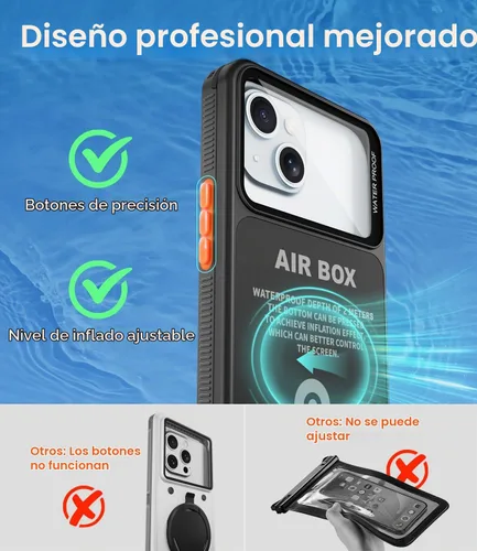 Vista 6 de Funda submarina para esnórquel, [IP68 resistente al agua] [pantalla táctil inflada sensible] [botones precisos], solo para iPhone 16, 15/15 Pro