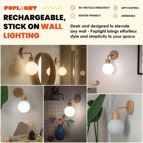 Vista 2 de Poplight Aplique de pared inalámbrico (Shark Tank) Recargable y regulable, lámpara LED con control de aplicación e instalación sin daños, Diseño