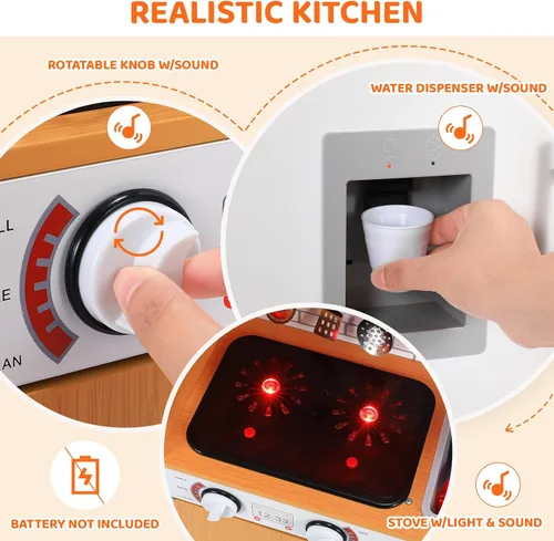 Vista 3 de MAMIZO Cocina de juguete para niños, cocina de juguete de chef de madera con lavadora, dispensador de agua, estufa, sonido y luz reales, teléfono