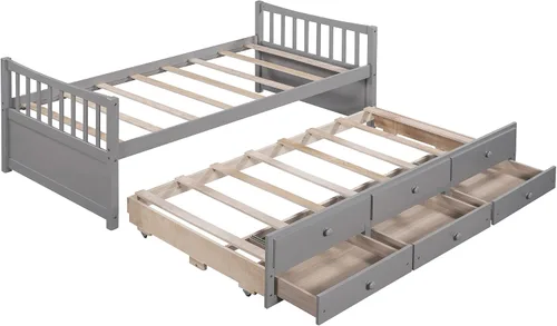 Vista 3 de SOFTSEA Marco de sofá cama nido de madera con cajones, cama de día individual, sofá cama para sala de estar, dormitorio, gris