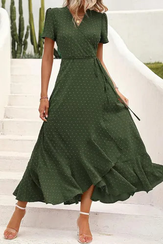 Vista 7 de PRETTYGARDEN - Vestido largo de verano cruzado para mujer, con cuello en V, estilo bohemio, floral, manga corta, dobladillo con volantes