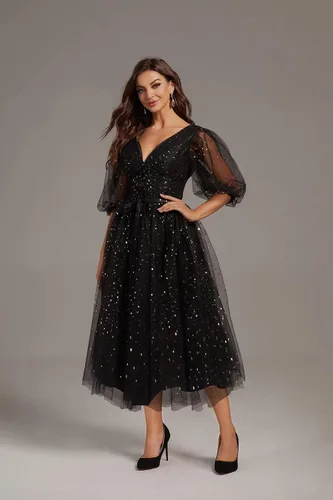 Vista 3 de Smileven Vestidos de fiesta de tul estrellado brillante para mujer manga abombada abertura formal vestidos de fiesta de noche