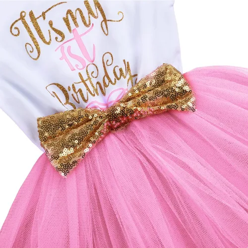 Vista 4 de Vestido de tutú de tul con lazo de lentejuelas para recién nacido, con corbatín y texto en inglés "It's My 1st2nd Birthday" para la fiesta