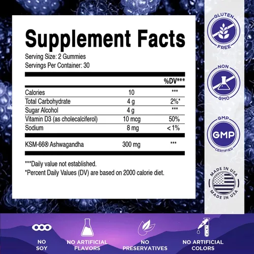 Vista 2 de Vitamatic KSM-66® Ashwagandha + D3 Gummies - Sabor natural de frambuesa azul - Sin azúcar, sin gluten, sin OMG - 60 gomitas
