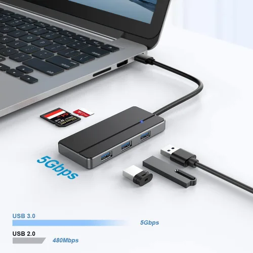 Vista 3 de Orlian Hub adaptador USB 3.0 5 en 1, con 3 puertos USB 3.0, lector de tarjetas SD y microSD, adaptador USB A a USB C, para MacBook Pro, iMac, XPS