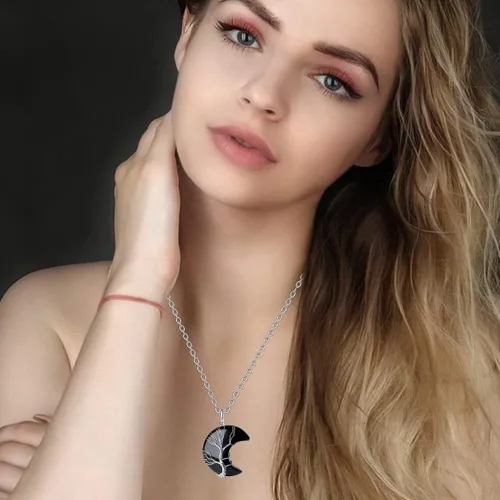 Vista 4 de MAIBAOTA Collar de cristal curativo, collar de luna creciente envuelta en alambre de árbol de vida, collar con colgante de piedra natural de reiki